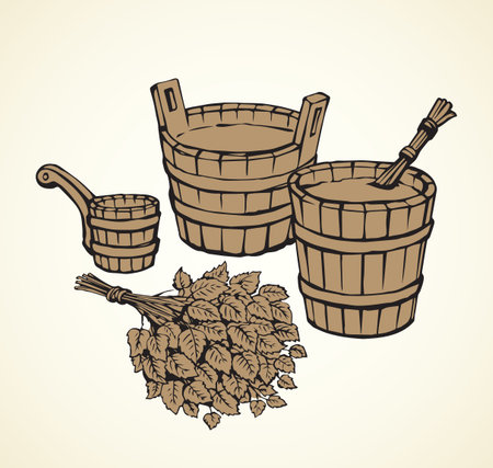 Ancient rural cleansing wood board shower scoop on white banya background. Black line ink hand drawn heat leisure utensil icon sign in art retro doodle cartoon engraving graphic style pen on paperのイラスト素材