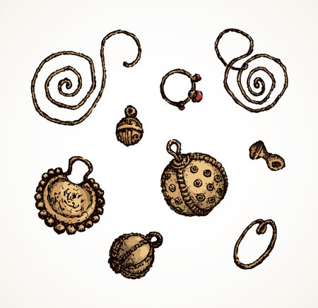 Closeup aged rough shape silver trinketry wear object set. Outline black ink hand drawn girl care copper metal bijou jewelery history icon sign in art doodle style pen on white paper backdrop for textのイラスト素材