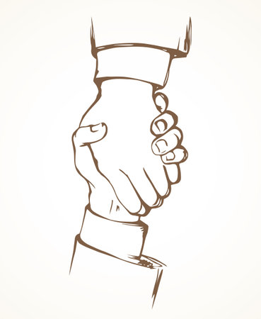 2 each adult palm office life reach relationship on white sky. Black line drawn job unite aid care   pictogram sign sketch in modern art cartoon graphic style. Closeup view unity employ join conceptのイラスト素材