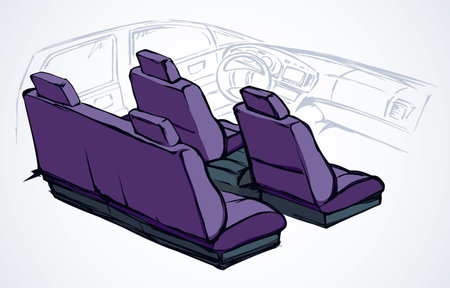 Suv rear chair, rudder, tachometer, monitor isolated on white background. Bright purple color hand drawn icon symbolのイラスト素材