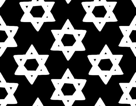Old kosher judaic chanukkah magen shape heritage backdrop. God torah chanukah yiddish day  emblem. White color hand drawn zion ethnic hannukah sketch in retro art silhouette style on dark blackのイラスト素材