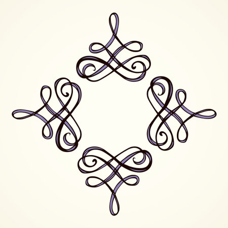 Old cute romantic book ribbon bow swirly tag swoosh element isolated on white paper card backdrop. Freehand black ink pen outline drawn curly corner sketchy in artistic rustic curlicue scrawl styleのイラスト素材