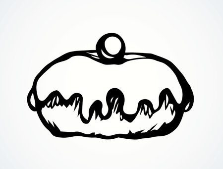 Greet happy party jew hannukah meal icon. Fat sweet sugar glaze design on white card space for text. Line black ink hand drawn round hanukiah pie sign sketch in art retro doodle cartoon vector styleのイラスト素材
