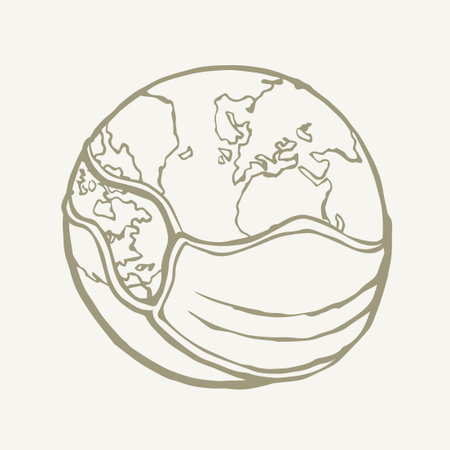 Healthy clinic viral immune science eco hazard map 19 attent alert white text space backdrop. Line hand drawn mouth cold flu patient icon sign logo emblem design. Art cartoon graphic sketch vectorのイラスト素材