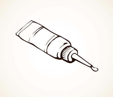 Open lid quick chemical gum cream lotion drop on white backdrop. Freehand outline black ink hand drawn emblem picture sketchy in retro art scribble style pen on paper. Close up view and space for textのイラスト素材