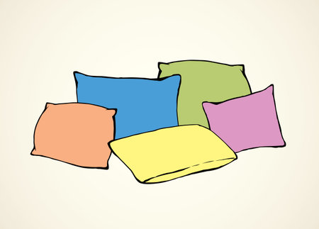 Neat snug thick clean vibrant divan chock on light bedroom backdrop. Bright multy color ink hand drawn logotype sketchy in art retro scribble graphic style. Closeup view with space for textのイラスト素材