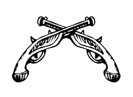Classic wood corsair robber crime duel fight defend bullet gunshot flintlock shot. Outline black ink drawn danger hunt shoot aim target attack object logo emblem. White line art doodle engrave styleのイラスト素材