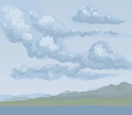 Stream bank fog scenery view on gray heaven backdrop. Dark gloomy color hand drawn gale rocky mount painting sketch picture in art cartoon graphic style. Panoramic windy scene with copyspace for textのイラスト素材