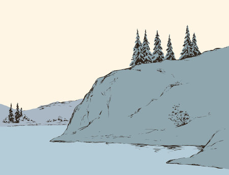 Rustic scene with high cliff on riverbank with space for text on white sky backdrop. Alpine waterside. Outline freehand black ink hand drawn picture sketchy in art vintage scribble style pen on paperのイラスト素材