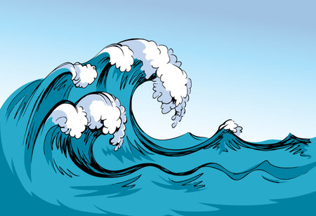 Wet fresh spume curly breeze gale pure fluid motion scene. Line blue color hand drawn sign icon logo symbol design in art doodle retro style. Scenic view on space for text on light sky cardのイラスト素材