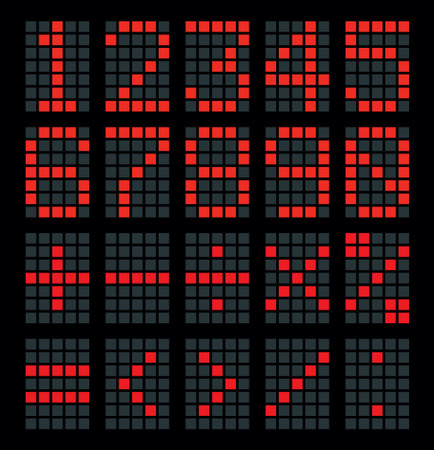 Shiny bulb count square lcd led logo typeface element set bright red color modern art style. Closeup dark neon travel club termin device grid dial table counter indicate typeset collection web designのイラスト素材