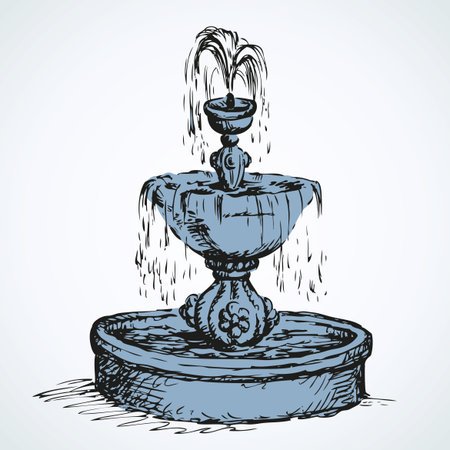 Beautiful baroque carving marble jet water work with cascade running cold source. Monochrome freehand ink hand drawn background sketchy in art scrawl style pen on paper with space for textのイラスト素材