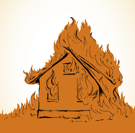 Closeup view red cottage estate exterior tragedy ruin. Light white paper text space. Outline black hand drawn hut property object safe life logo pictogram emblem concept design. Retro art doodle styleのイラスト素材