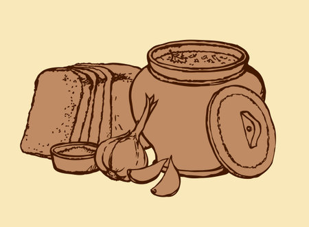 Rural old clay jar with hot aroma healthy saltwort isolated on white backdrop. Freehand outline ink hand drawn picture sign sketch in art doodle retro graphic style pen on paper with space for textのイラスト素材