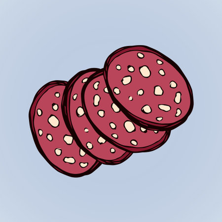 Salt red butcher pig cervelat kielbasa bratwurst in brown wrap on white picnic backdrop. Bright pink color hand drawn fresh butchery shop menu emblem logo sign in retro doodle style with space for textのイラスト素材