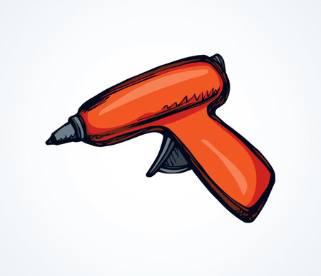 Handle home build job turn motor object on white wooden space for text. Bright red color drawn labor install plastic cord hole machine logo pictogram sign in modern art cartoon style. Closeup viewのイラスト素材