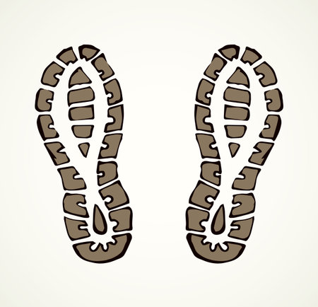Flat shoeprint leg touch stamp on white muddy dust backdrop. Line black ink hand drawn bootprint logo emblem badge in retro art scribble contour style pen on paper. Close up detail viewのイラスト素材