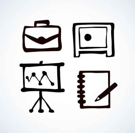 Simple web job emblems isolated on white whiteboard page. Lesson text list, pen, bag, tripod chart display. Freehand outline black ink hand drawn picture logo sketch in art retro doodle cartoon styleのイラスト素材