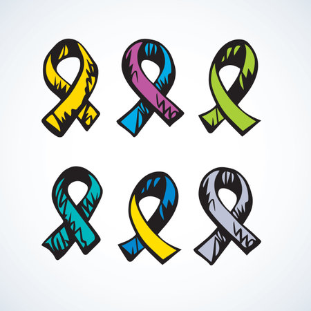 Logo bow loop survival man patient care therapy isolated on white paper. Abstract red color global social concern against abuse concept. Hand drawn issue pin emblem insignia in graphic vector styleのイラスト素材