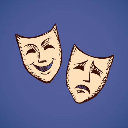 Two ancient traditional greek game human masks costume isolated on white background. Freehand outline ink hand drawn concept picture sign sketchy in retro artistic doodle graphic style pen on paperのイラスト素材