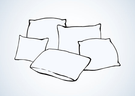 Neat snug thick clean divan chock on light bedroom backdrop. Freehand linear black ink hand drawn logotype sketchy in art retro scribble graphic style pen on paper. Closeup view with space for textのイラスト素材