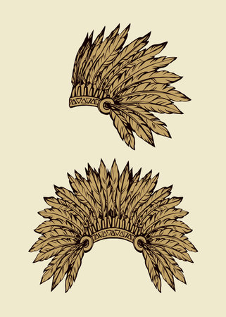 West navajo man big chieftain adornment warbonnet on white background. rough festival bonnet. Freehand outline hand drawn pictogram emblem logo sketchy in antique art doodle graphic style pen on paperのイラスト素材