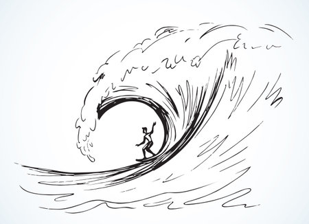 Modern swirl clear marine tide foam drop flow scenic view white sky text space. Vintage outline black hand drawn fun happy power guy crash scene emblem logo concept retro art doodle line style designのイラスト素材