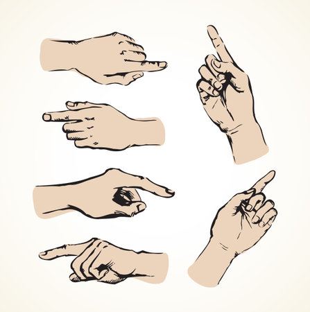 Outstretched handbreadth forearm on white backdrop. Freehand outline black ink drawn want logo pictogram emblem sketchy in retro art doodle cartoon style pen on paper space for text. Closeup side viewのイラスト素材