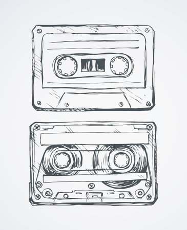 Aged casette design set on white backdrop. Freehand outline black ink hand drawn 90s pop audiocassette object logo pictogram badge sketchy in rock doodle style on paper space for text. Closeup viewのイラスト素材