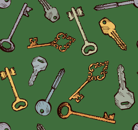 Old steel latchkey for rental immovables on green fond. Freehand line black ink hand rawn room object design tracery sketch in retro art doodle style pen on paper. Closeup viewのイラスト素材