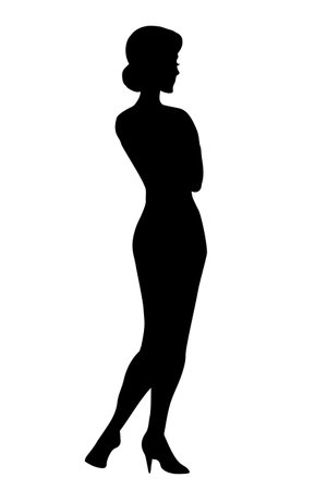 Outline black ink pen hand drawn 1 cute beauty adult job partner emblem design modern art contour cartoon print style. Closeup rear view light white paper young body cloth study text spaceのイラスト素材