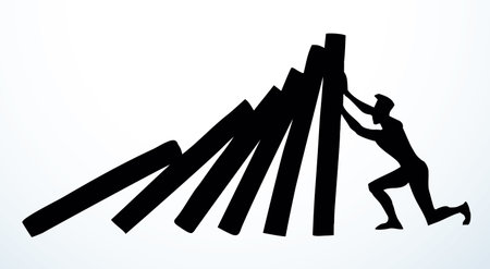 Closeup isolated stack break crisis conflict crash safety. Line black draw game icon sign design white art cartoon vector style. Close up 1 male human work leader stand push motion save topple helpのイラスト素材
