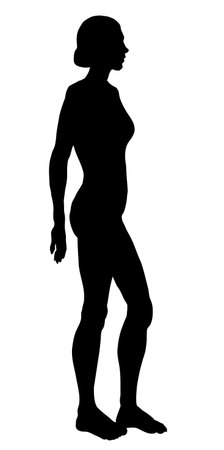 Outline modern dark ink hand drawn 1 cute elegant slim arm shoulder exercise fashion set design retro vintage art contour cartoon print. Closeup back view light pretty line hair style paper text spaceのイラスト素材