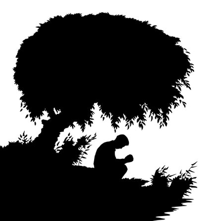 Rural peace calm scene lone adult christian young human guy boy rest dream belief dark blue dusk night. Quit wild hill forest country stream pond scenic view white sky text space ink draw art styleのイラスト素材