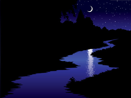 Calm old rural village brook rivulet surface riverside bank path cartoon picture art style. Quiet hill grass field meadow bush plant leaf foliage view light blue starry glow heaven text space backdropのイラスト素材