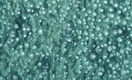 Close up old dry light asteroid micro danger ill flu cold virus round circle porous element concept. Futurist art design style dark bright gray glow blue green color seamless paper text copyspace viewの写真素材