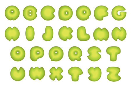 Cute cool 3d glossy shine sweet melt drip paint air word logo. Latin typeface element set bright creamy color draw funny comic artist style. Closeup macro view light white wet water toy typeset decorのイラスト素材