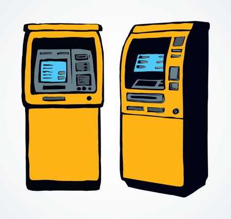 Web line store loan display bancomat kiosk pin code keypad teller device on white paper. Yellow color hand drawn earn dollar bill salary monitor keyboard logo sign icon concept in graphic cartoon styleのイラスト素材