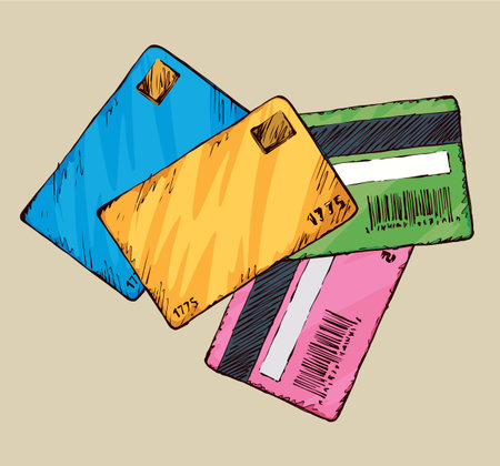 Blank vibrant personal data paid value sell e-ticket wallet set isolated on gray backdrop. Bright color hand drawn picture sketch in art doodle style. Closeup view with space for textのイラスト素材