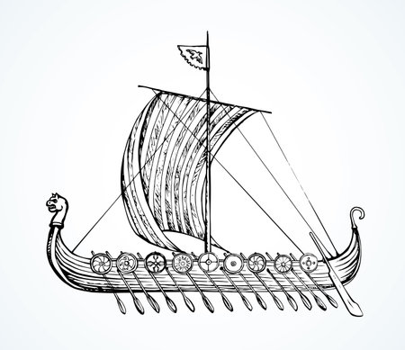 Archaic past century wood oar galleon with shield for merchant trading isolated on white background. Line ink hand drawn colonization logo symbol icon sign sketch in art retro cartoon graphic styleのイラスト素材