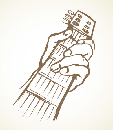 Old human female arm compose band tone on white paper text space. Outline black ink drawn teenage boy ukulele stage relax line logo sign icon design in retro doodle cartoon print style. Close up viewのイラスト素材