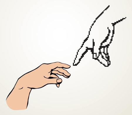 Modern vintage dot male god pixel arm cursor help click point work data idea e pc sketch line vector art style. Social media electron net religion life link render industry corporate evolution realityのイラスト素材