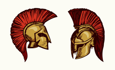 Historic past golden leonidas helm on white backdrop. Bright red color hand drawn emblem pictogram sketchy in art doodle cartoon retro style. Closeup side view with space for textのイラスト素材