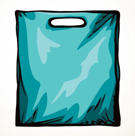 Close up view new blank line reuse sack trash bin. Tote add empty hold light text space backdrop. Outline black hand drawn food wrap pack concept design modern art doodle print brand label styleのイラスト素材