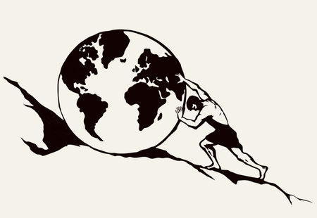 Strong power guy fight climb carry roll up rock stone hill nature map. White sky text space. Hand drawn myth male force labor task career action life logo icon sign. Vintage art vector graphic sketchのイラスト素材