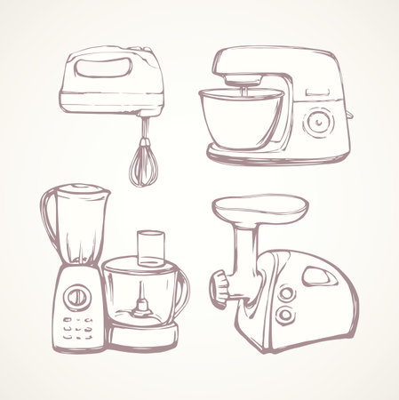 Domestic glass crush chopper cup on white paper background. Freehand line black ink hand drawn home cuisine cut object device logo pictogram sketch in modern art doodle cartoon style on space for textのイラスト素材