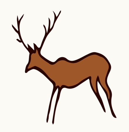 Closeup view age red African tribe run goat figure life pictograph set white backdrop. Line dark black ink paint hand drawn grunge flat bison bull shape logo design. Retro past era mural print styleのイラスト素材