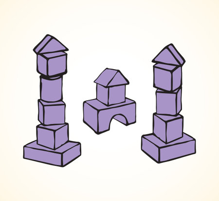 Small purple plastic kit set on light paper backdrop. Bright violet color ink hand drawn logic design object logotype emblem sketchy in modern art doodle cartoon style. Close up with space for textのイラスト素材