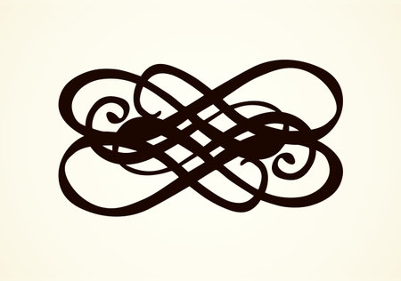 Old cute romantic book ribbon bow swirly tag swoosh element set isolated on white paper card backdrop. Freehand black ink pen outline drawn curly logo sketchy in artistic rustic curlicue scrawl styleのイラスト素材