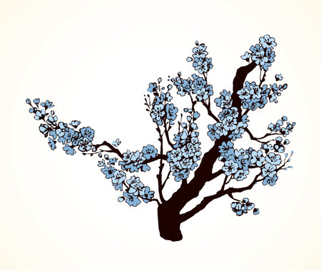 Lush pink inflorescence on old sprout in flowery orchard yard. Freehand outline ink hand drawn picture sketchy in artistic retro scribble style pen on paper. Closeup view with space for text on skyのイラスト素材